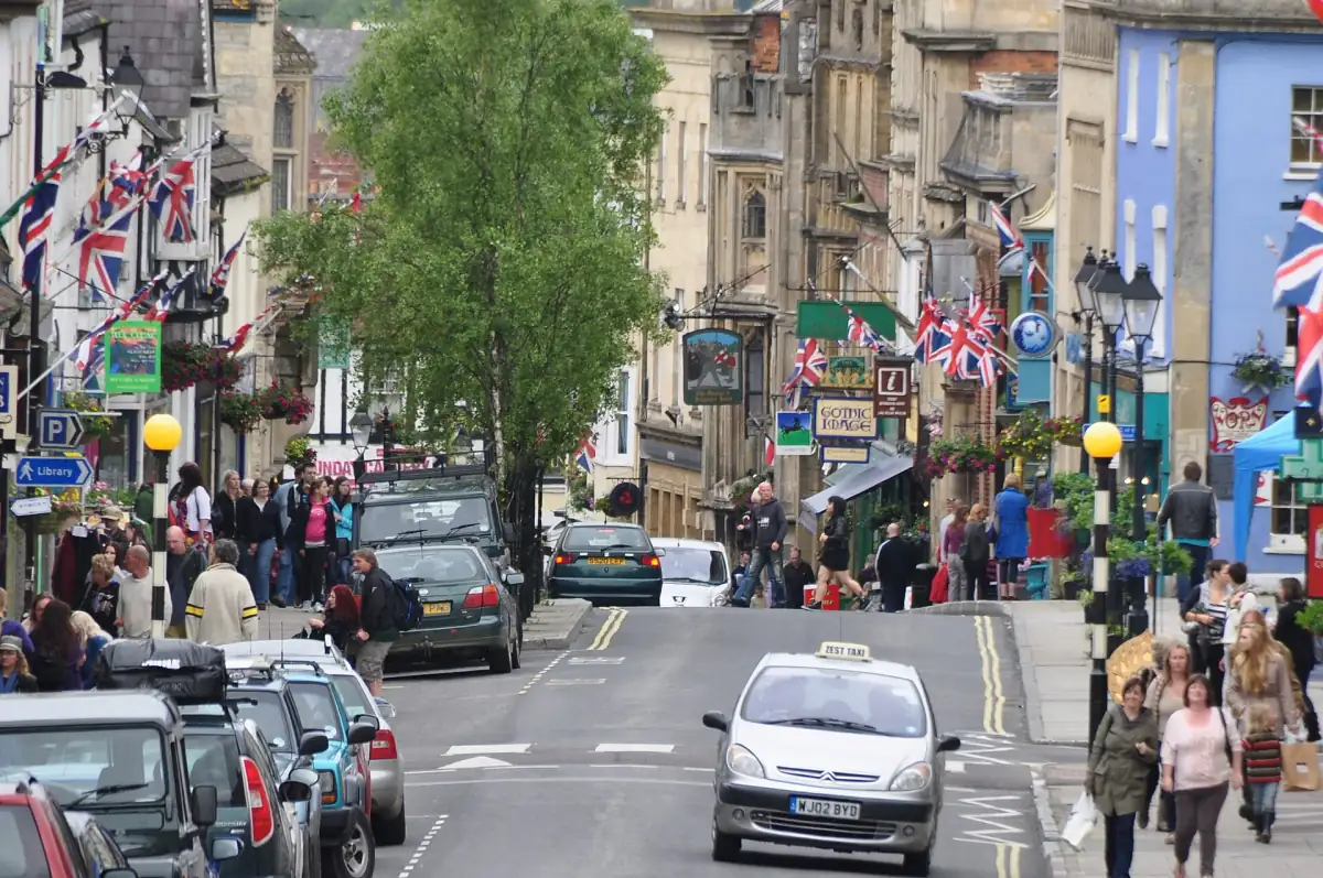 Glastonbury High Street with shops