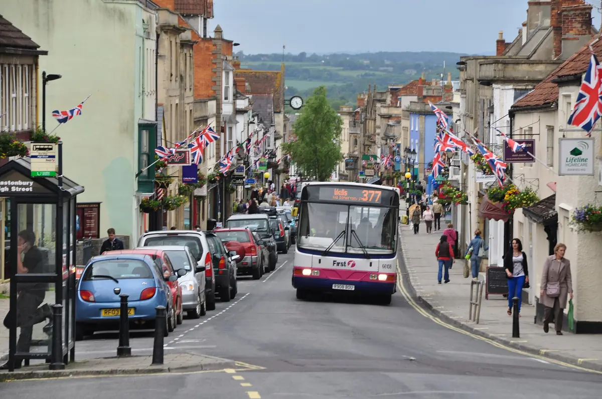 A bus on Glastonbury High Street